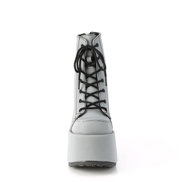 Demonia Women's Camel-203 Platform Ankle Boots - Grey Reflective Vegan Leather D8602-51US Clearance